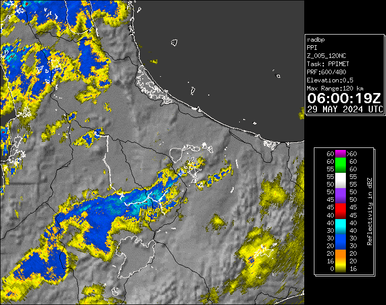 Live / Real time Bay of Plenty 120km rain radar for 6:00pm on Wed 29 May 2024