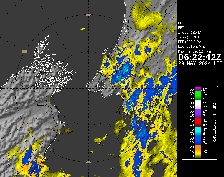 Live / Real time Wellington 120km rain radar for 6:22pm on Wed 29 May 2024