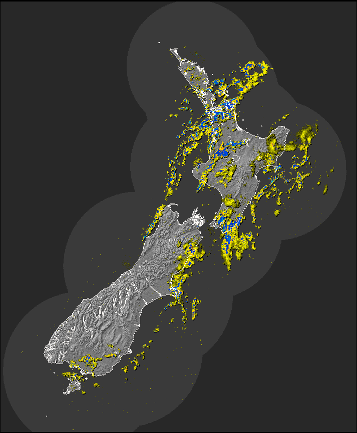 Live / Real time NZ 300km rain radar for 6:28pm on Wed 29 May 2024