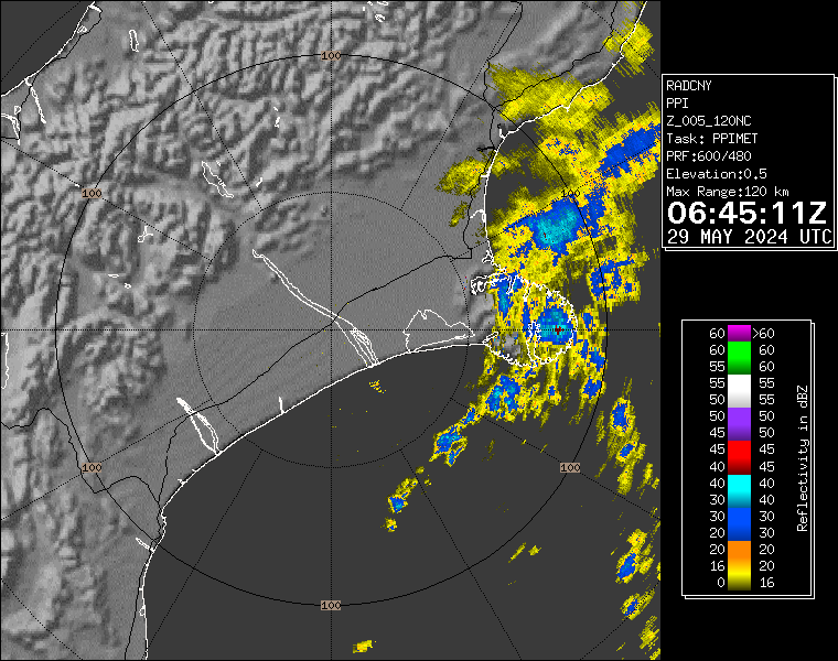 Live / Real time Canterbury 120km rain radar for 6:45pm on Wed 29 May 2024