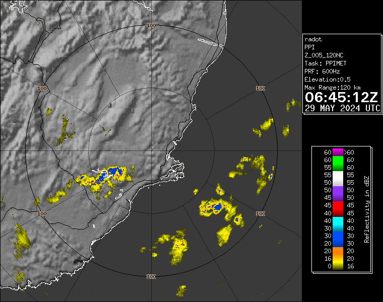 Live / Real time Otago 120km rain radar for 6:45pm on Wed 29 May 2024