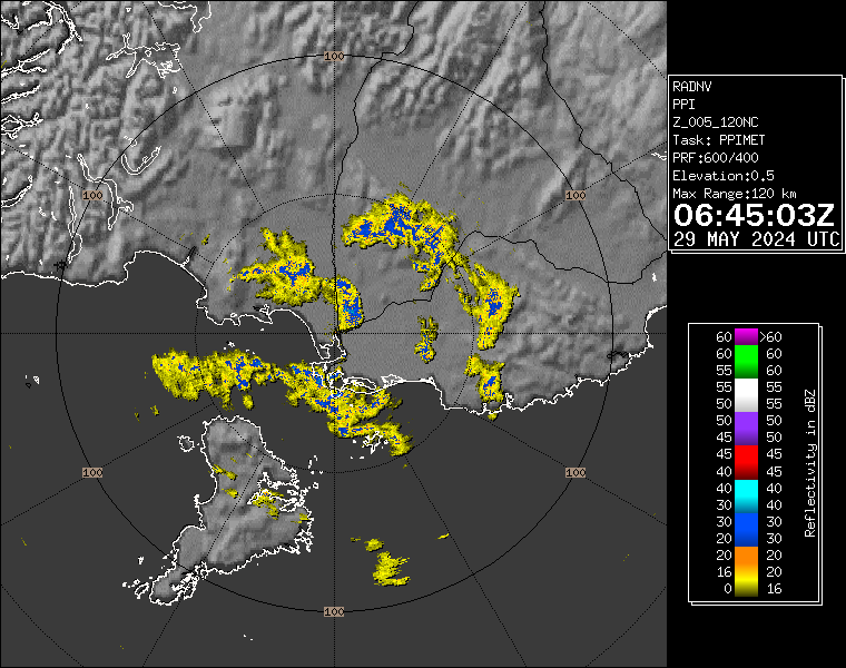 Live / Real time Southland 120km rain radar for 6:45pm on Wed 29 May 2024