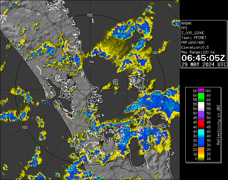 Live / Real time Auckland 120km rain radar for 6:45pm on Wed 29 May 2024