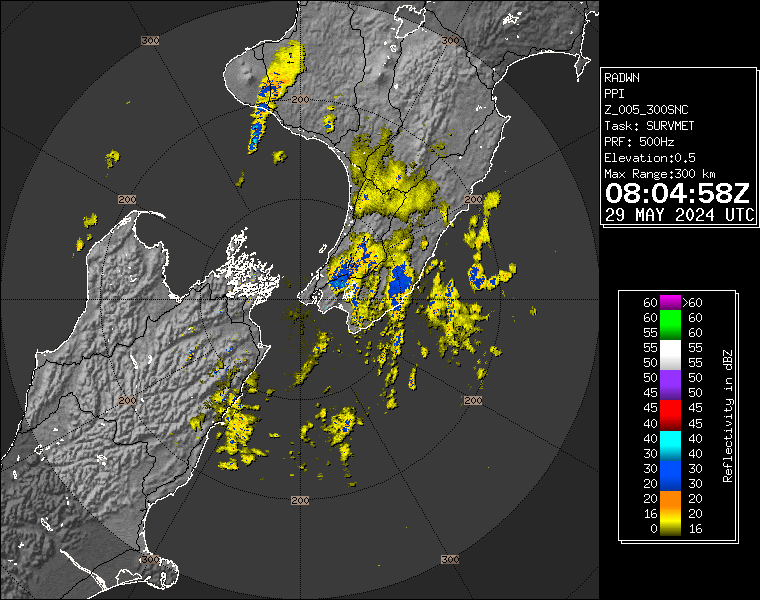 Live / Real time Wellington rain radar for 8:04pm on Wed 29 May 2024