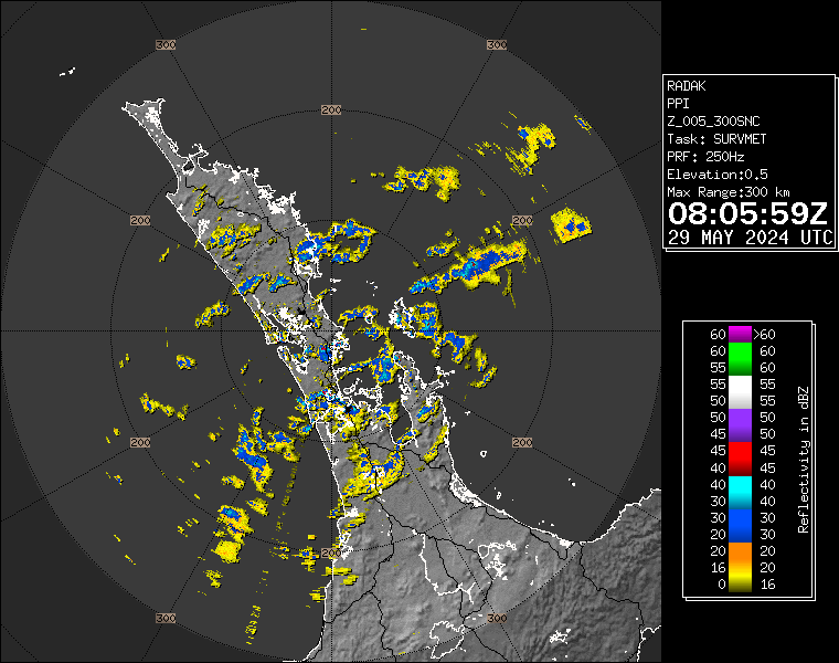 Live / Real time Auckland rain radar for 8:05pm on Wed 29 May 2024