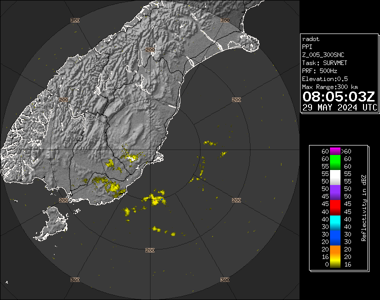 Live / Real time Otago rain radar for 8:05pm on Wed 29 May 2024