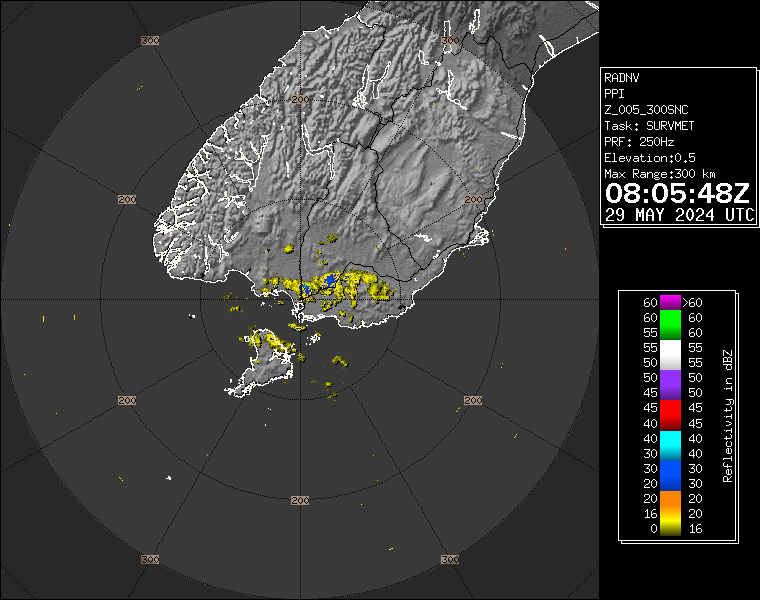 Live / Real time Southland rain radar for 8:05pm on Wed 29 May 2024