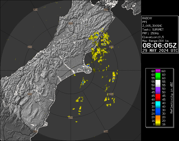 Live / Real time Canterbury rain radar for 8:06pm on Wed 29 May 2024