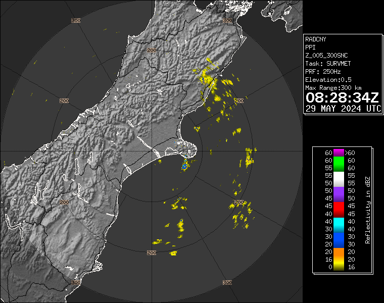 Live / Real time Canterbury rain radar for 8:28pm on Wed 29 May 2024