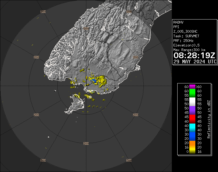 Live / Real time Southland rain radar for 8:28pm on Wed 29 May 2024