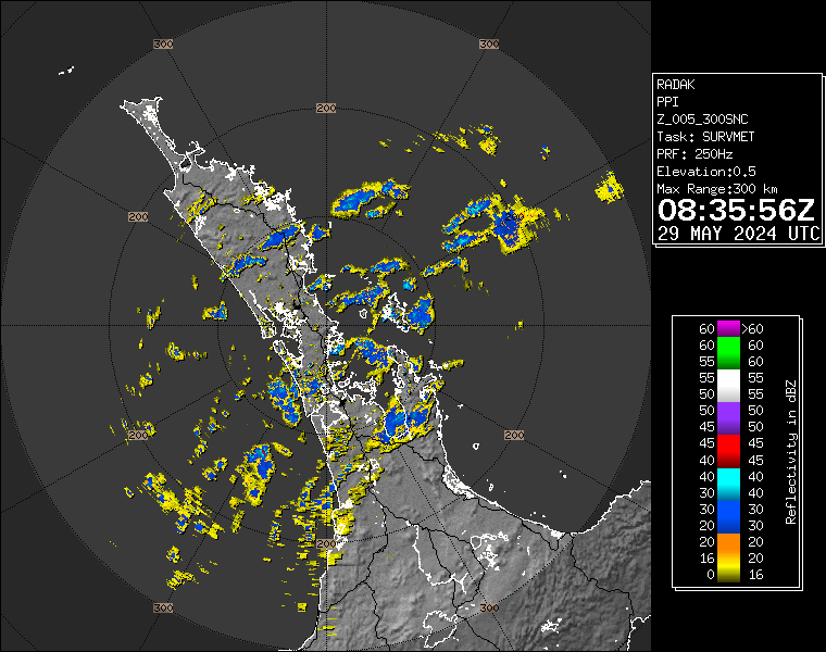 Live / Real time Auckland rain radar for 8:35pm on Wed 29 May 2024