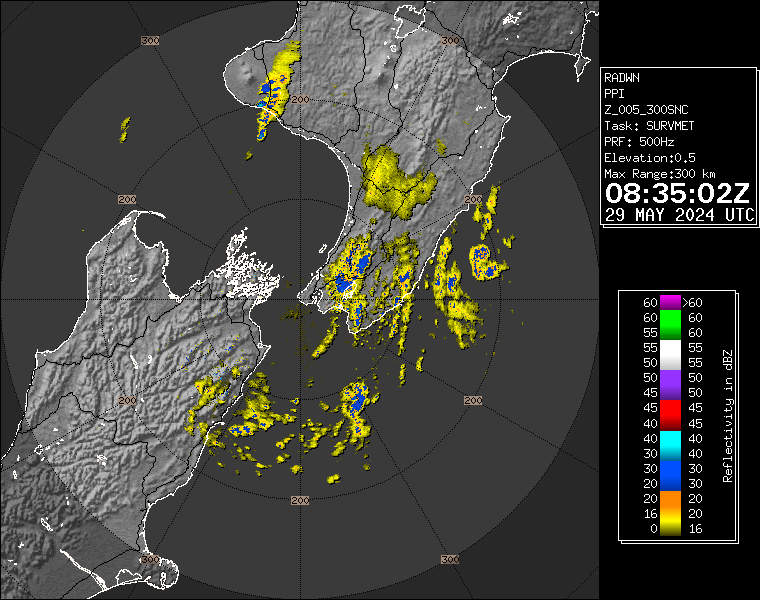 Live / Real time Wellington rain radar for 8:35pm on Wed 29 May 2024