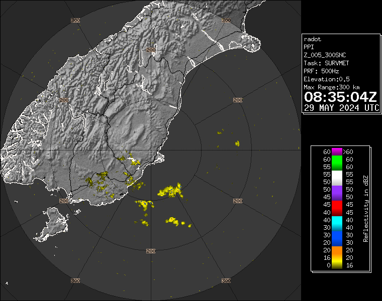 Live / Real time Otago rain radar for 8:35pm on Wed 29 May 2024