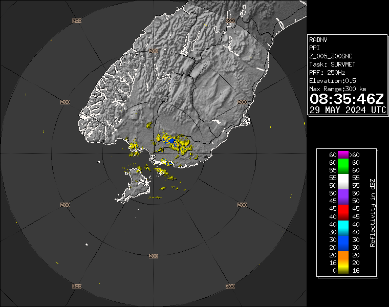 Live / Real time Southland rain radar for 8:35pm on Wed 29 May 2024