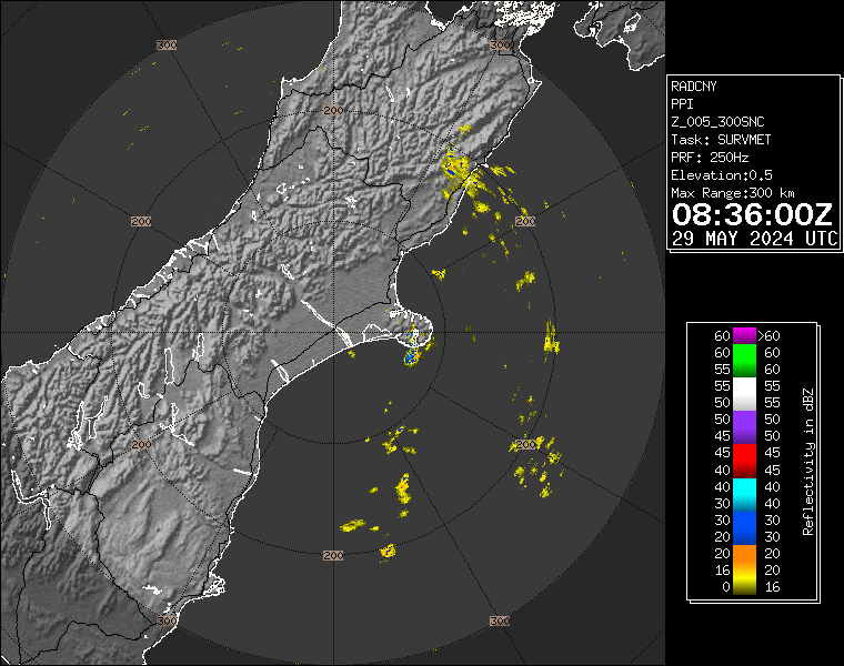 Live / Real time Canterbury rain radar for 8:36pm on Wed 29 May 2024