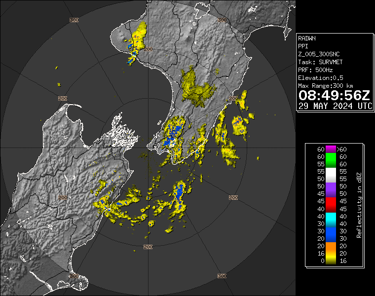 Live / Real time Wellington rain radar for 8:49pm on Wed 29 May 2024