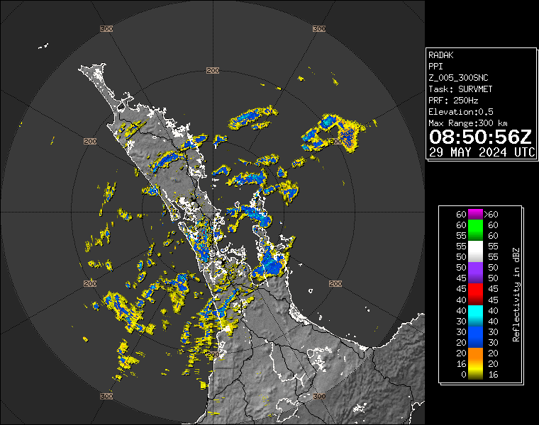 Live / Real time Auckland rain radar for 8:50pm on Wed 29 May 2024