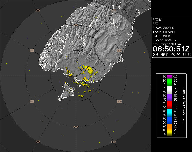 Live / Real time Southland rain radar for 8:50pm on Wed 29 May 2024