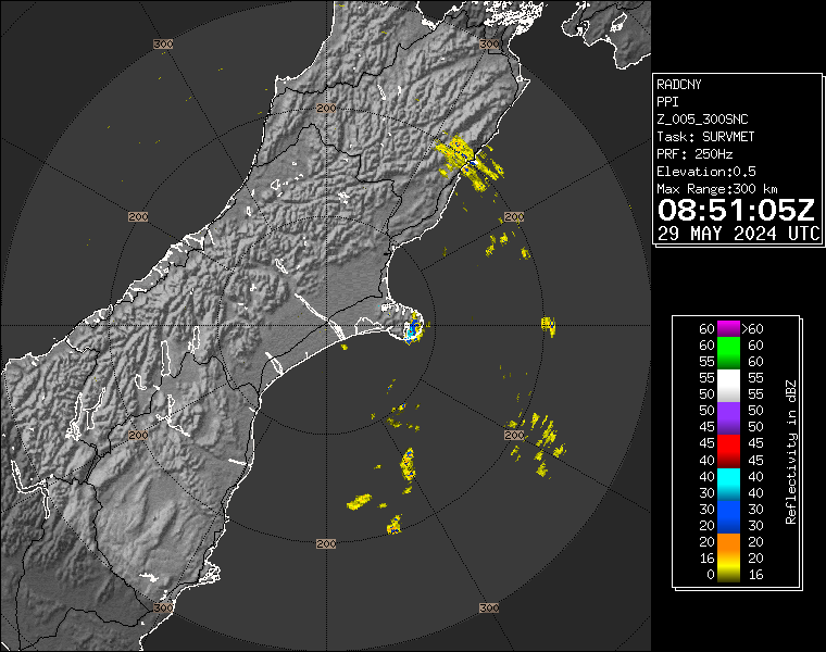 Live / Real time Canterbury rain radar for 8:51pm on Wed 29 May 2024