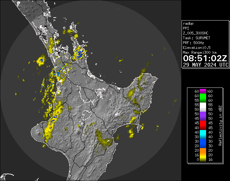 Live / Real time Bay of Plenty rain radar for 8:51pm on Wed 29 May 2024